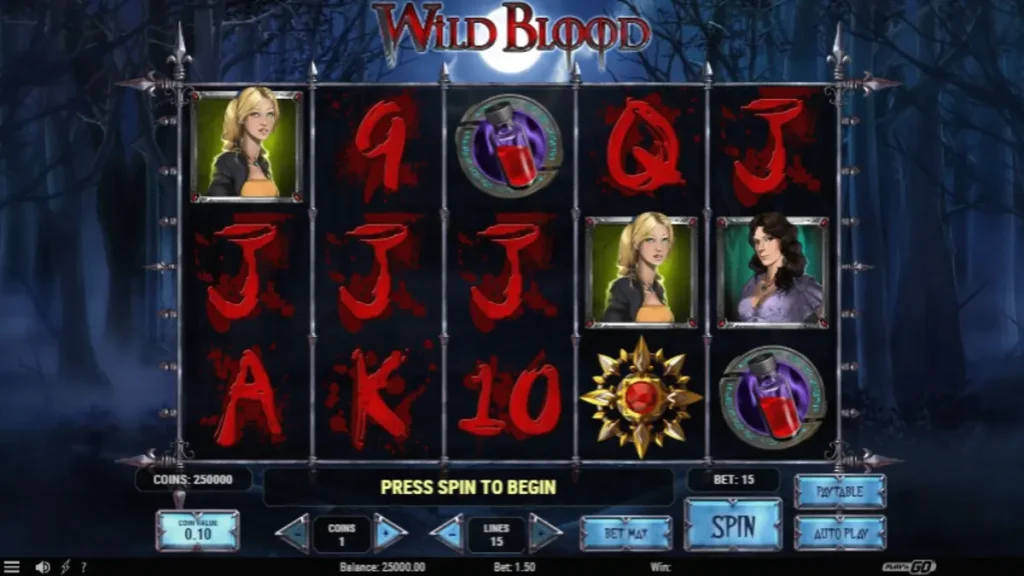 Tampilan visual slot Wild Blood dengan tema gotik dan vampir yang mencekam.