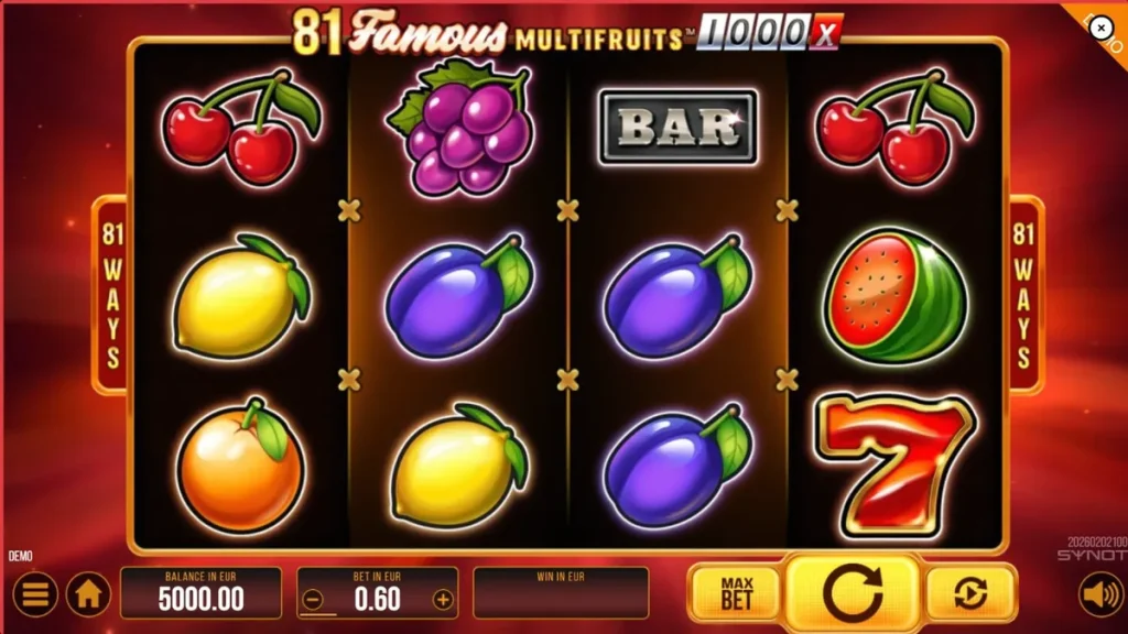 Tampilan mesin slot 81 Famous Multifruits 1000 dengan simbol buah dan neon retro