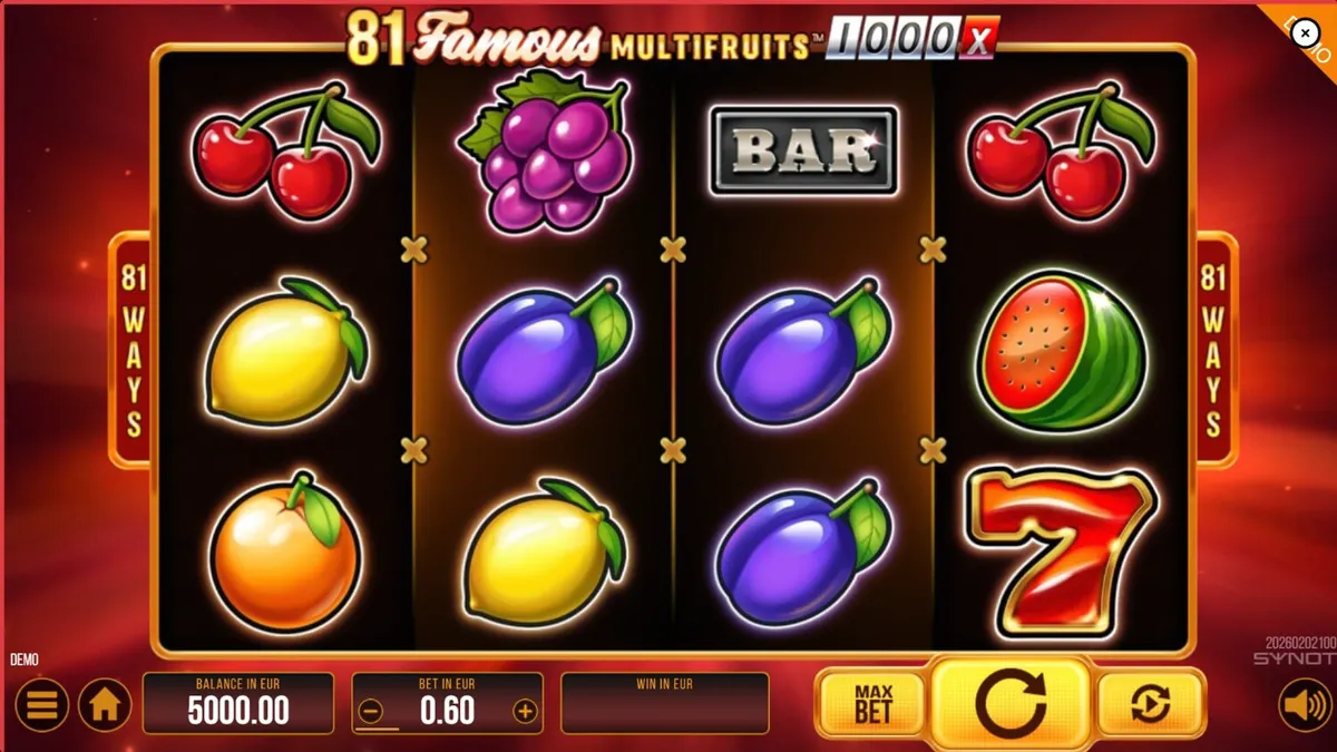 Tampilan mesin slot 81 Famous Multifruits 1000 dengan simbol buah dan neon retro