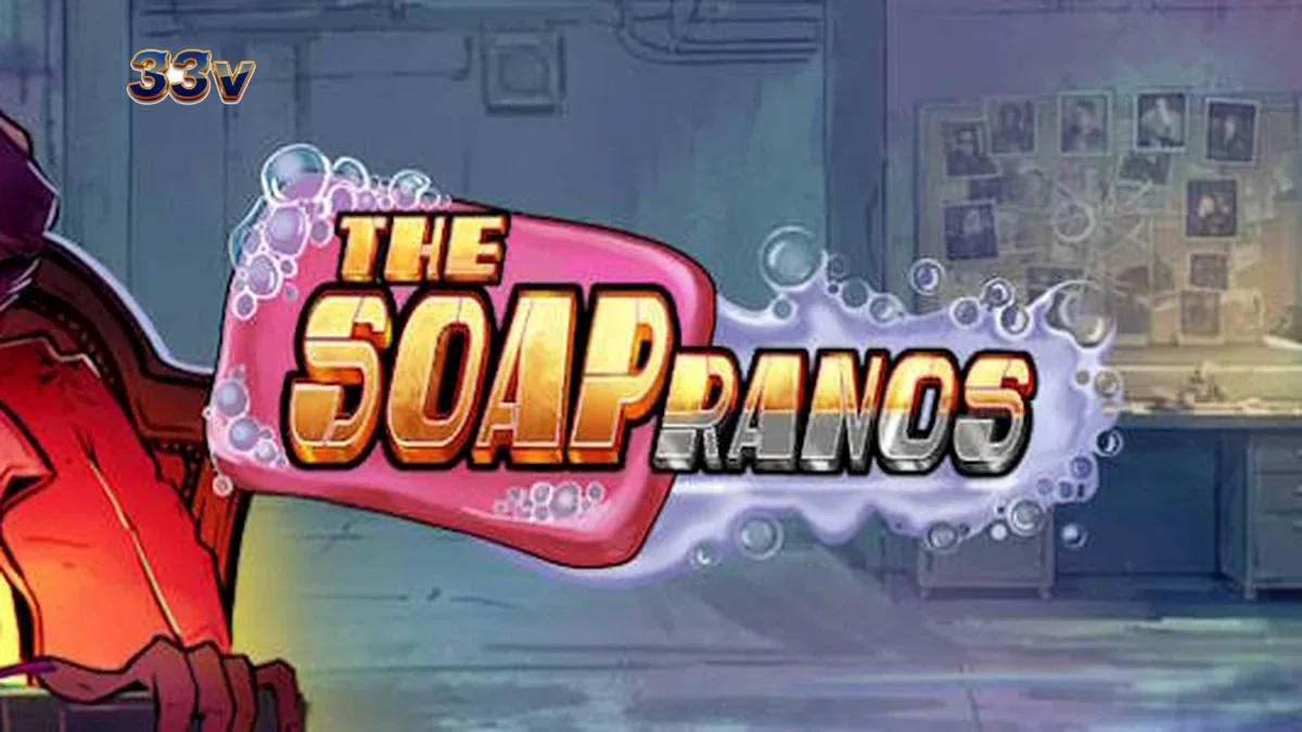 Tampilan visual intens dari permainan slot Soapranos dengan elemen neon dan grid 5x3.
